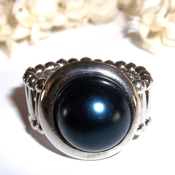 Fashion Jewelry Jewelry - Ring Silver Faux Pearl Navy Blue Stretch Band Adjustable Size Girl Woman C099